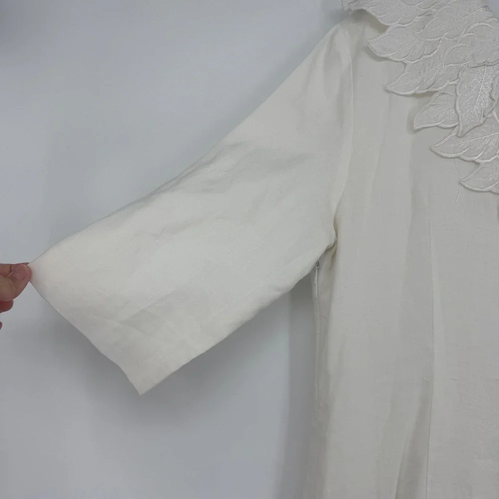 Vintage JSong White 100% Linen One Shoulder‎ Embroidered Leaf Maxi Dress 8